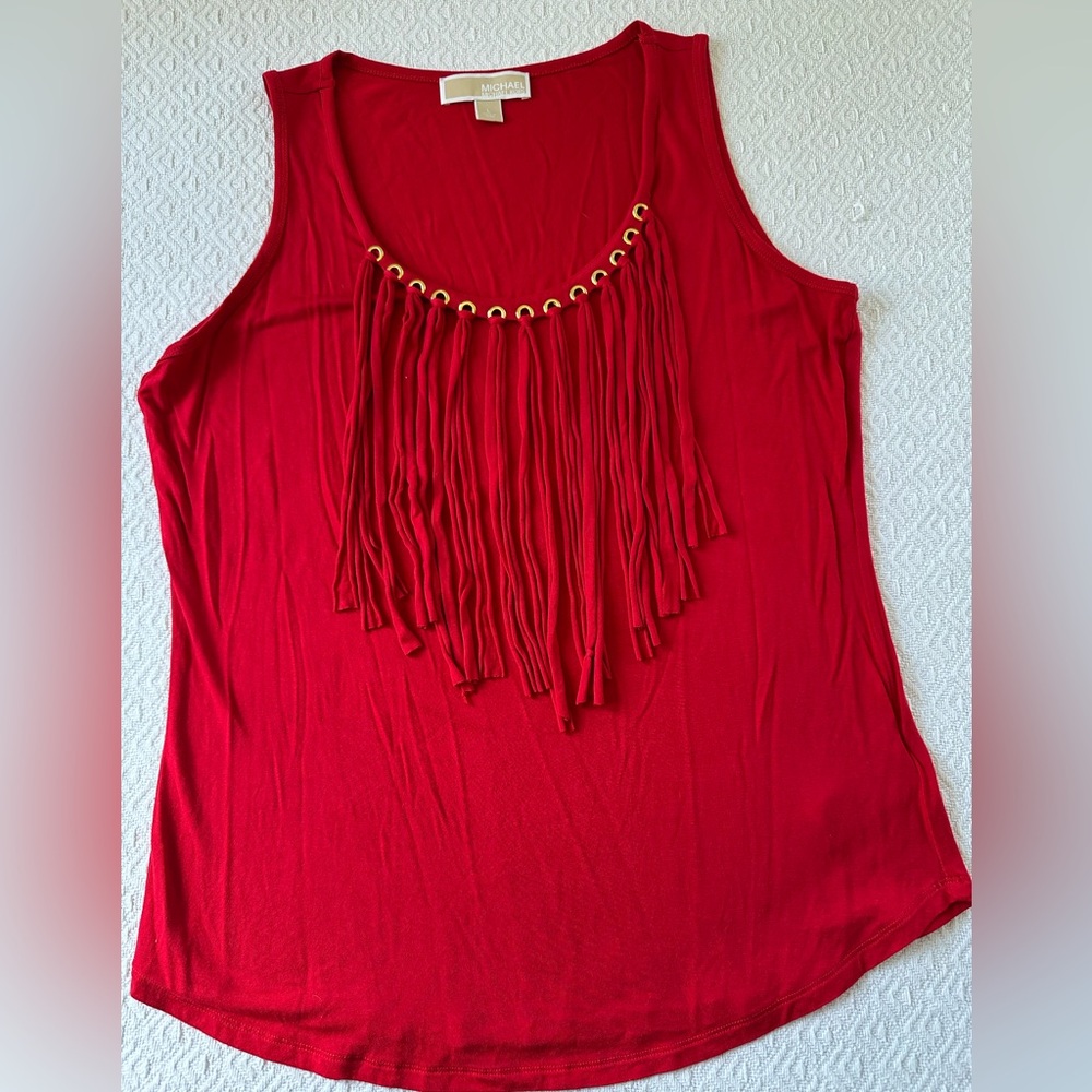 Michael Kors Red Fringe Gold Accents Sleeveless Women's Top